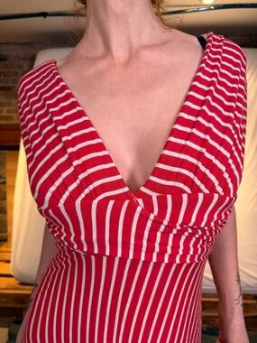 Red & White Striped Midi Dress - V-Neck Sleeveless